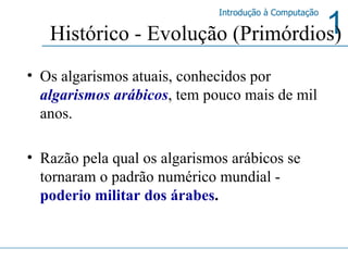 Os algarismos atuais, conhecidos por  algarismos arábicos , tem pouco mais de mil anos. Razão pela qual os algarismos arábicos se tornaram o padrão numérico mundial -  poderio militar dos árabes . Histórico - Evolução (Primórdios) 