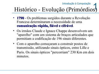 1790  - Os problemas surgidos durante a Revolução Francesa determinaram a necessidade de uma  comunicação rápida, fiável e cifrável .  Os irmãos Claude e Ignace Chappe desenvolvem um "aparelho" com um sistema de braços articulados que permitiam a codificação de 196 sinais diferentes.  Com o aparelho começaram a construir postos de transmissão, utilizando sinais ópticos, entre Lille e Paris. Os sinais ópticos "percorriam" 230 Km em dois   minutos.  Histórico - Evolução (Primórdios) 