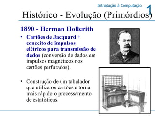 Histórico - Evolução (Primórdios) 1890 - Herman Hollerith Cartões de Jacquard + conceito de impulsos elétricos para transmissão de dados  (conversão de dados em impulsos magnéticos nos cartões perfurados).  Construção de um tabulador que utiliza os cartões e torna mais rápido o processamento de estatísticas.  