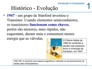 1947  - um grupo de Stanford inventou o Transistor. Usando elementos semicondutores, os transistores  funcionam como chaves , porém são menores, mais rápidos, não esquentam, duram mais e consomem menos energia que as válvulas.  Histórico - Evolução 1947-48: A memória com bateria magnética é utilizada no armazenamento de dados para computadores. O Prêmio Nobel de 1956 foi conferido à equipe cuja pesquisa levou à invenção do transistor, em 1947.  