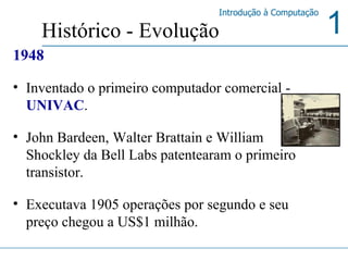 1948 Inventado o primeiro computador comercial -  UNIVAC . John Bardeen, Walter Brattain e William Shockley da Bell Labs patentearam o primeiro transistor.  Executava 1905 operações por segundo e seu preço chegou a US$1 milhão. Histórico - Evolução 