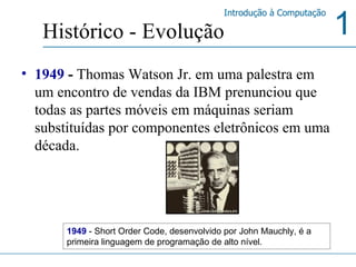 1949  -  Thomas Watson Jr. em uma palestra em um encontro de vendas da IBM prenunciou que todas as partes móveis em máquinas seriam substituídas por componentes eletrônicos em uma década.   Histórico - Evolução 1949  - Short Order Code, desenvolvido por John Mauchly, é a primeira linguagem de programação de alto nível.  