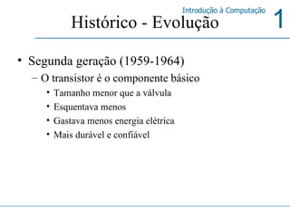 Histórico - Evolução Segunda geração (1959-1964) O transistor é o componente básico Tamanho menor que a válvula Esquentava menos Gastava menos energia elétrica Mais durável e confiável 