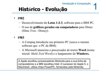 1982 Desenvolvimento do  Lotus 1-2-3 , software para o IBM PC.  O uso de  gr á ficos gerados em computadores  para filmes (filme  Tron  - Disney). 1983  A Compaq introduziu seu primeiro PC (usava o mesmo software que  o PC da IBM).  A Microsoft anunciou o processador de textos  Word  (nome inicial:  Multi-Tool Word ) e o lan ç amento do  Windows. Hist ó rico - Evolu ç ão A Apple escolheu processadores Motorola para a sua linha de computadores e a IBM escolheu Intel. O sucessor do Apple II, o Macintosh, utiliza chips PowerPC, fornecidos pela Motorola. 