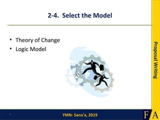 YMN- Sana’a, 2019
ProposalWriting
2-4. Select the Model
• Theory of Change
• Logic Model
1
 