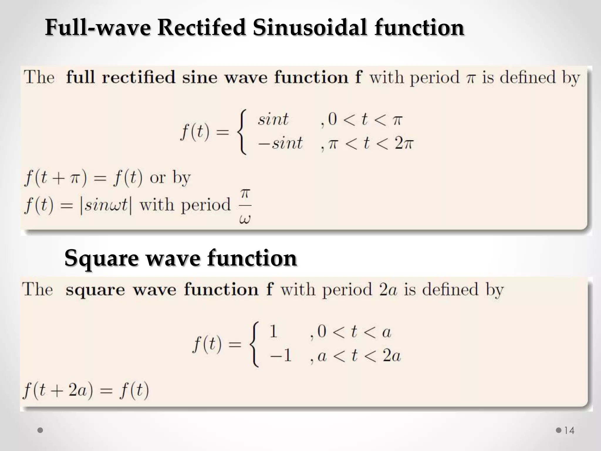 Full-wave Rectifed Sinusoidal function
Square wave function
14
 