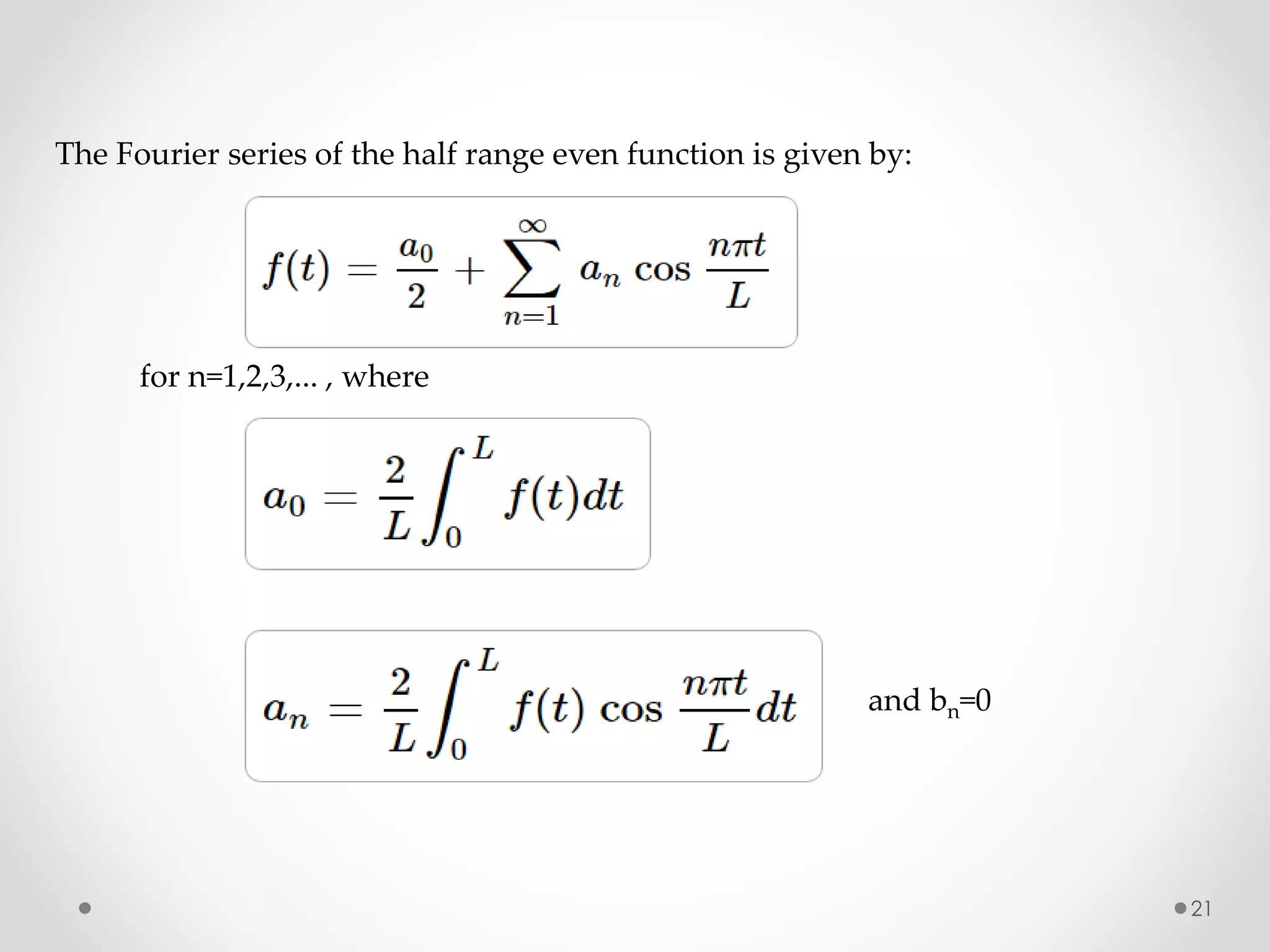 21
The Fourier series of the half range even function is given by:
for n=1,2,3,... , where
and bn=0
 