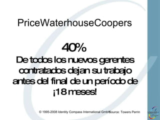 PriceWaterhouseCoopers 40%   De todos los nuevos gerentes contratados dejan su trabajo antes del final de un período de ¡18 meses! Source : Towers Perrin   