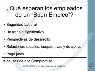 ¿Qué esperan los empleados de un “Buen Empleo”? •  Seguridad Laboral  •  Un trabajo significativo •  Relaciones sociales, cooperativas y de apoyo •  Pago justo  •  Perspectivas de desarrollo = causas de alto Compromiso  