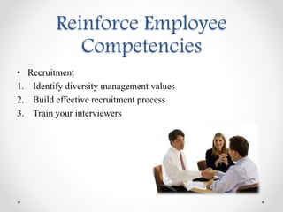 Reinforce Employee
Competencies
• Recruitment
1. Identify diversity management values
2. Build effective recruitment process
3. Train your interviewers
 