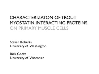 CHARACTERIZATON OF TROUT
MYOSTATIN INTERACTING PROTEINS
ON PRIMARY MUSCLE CELLS

Steven Roberts
University of Washington

Rick Goetz
University of Wisconsin
 