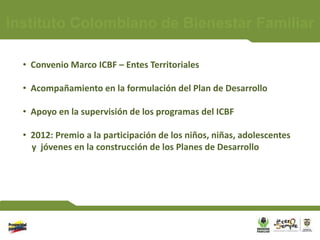 Instituto Colombiano de Bienestar Familiar

  • Convenio Marco ICBF – Entes Territoriales

  • Acompañamiento en la formulación del Plan de Desarrollo

  • Apoyo en la supervisión de los programas del ICBF

  • 2012: Premio a la participación de los niños, niñas, adolescentes
    y jóvenes en la construcción de los Planes de Desarrollo
 