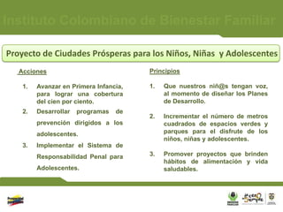 Instituto Colombiano de Bienestar Familiar

Proyecto de Ciudades Prósperas para los Niños, Niñas y Adolescentes
   Acciones                             Principios

    1.   Avanzar en Primera Infancia,   1.   Que nuestros niñ@s tengan voz,
         para lograr una cobertura           al momento de diseñar los Planes
         del cien por ciento.                de Desarrollo.
    2.   Desarrollar   programas   de
                                        2.   Incrementar el número de metros
         prevención dirigidos a los          cuadrados de espacios verdes y
         adolescentes.                       parques para el disfrute de los
                                             niños, niñas y adolescentes.
    3.   Implementar el Sistema de
         Responsabilidad Penal para     3.   Promover proyectos que brinden
                                             hábitos de alimentación y vida
         Adolescentes.                       saludables.
 