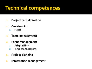 1.        Project core definition
2.        Constraints
     1.     Fiscal

3.        Team management
4.        Event management
     1.     Adaptability
     2.     Time management

5.        Project planning
6.        Information management
 