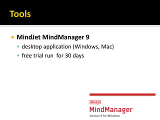    MindJet MindManager 9
     desktop application (Windows, Mac)
     free trial run for 30 days
 