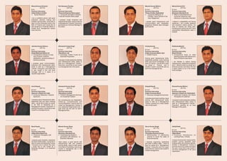 Bharat Kumar Khamari                        Hari Narayan Pandey                       Manish Kumar Mishra                      Manoj Govind Giri
             (23 Yrs)                                   (29 Yrs)                                  (25 Yrs)                                 (23 Yrs)
B.Sc.                                       B.A.                                      B.Com.                                   B.Com
Summer Internship                           Summer Internship                         Summer Internship                        Summer Internship
India Infoline Limited                      Financial Express News paper              Times of India, Hyderabad                Business Standard Ltd
l Research
    Equity                                  l  Consumer perception towards            l  Consumer Behavior of                  l advertisement on
                                                                                                                                 Effect of
                                            Financial Express News paper                 Filmfare, Good Homes & Top              consumer behaviour with
I am a confident person with good                                                        Gear Magazines”                         reference to Business Standard
analytical, decision making and             I possess innate Analytical and
problem solving skills. would like to       interpersonal skills; ready to start as   I posses good interpersonal and          I believe in adaptability and facing
step in to the corporate world in the       a Management Trainee / Executive,         communication skill. Adaptable,          deadlines, I am a polite, patience
field of Finance and would like to          growing as an mid level Manager in        gregarious, flexible, team manager,      and proactive nature person, my
see myself as a Financial Officer in        five years.                               quick learner.                           area of interest are riding bike,
middle level management 5years                                                                                                 traveling and surfing net and I have
down-the-line.                                                                                                                 represented Maharashtra state in
                                                                                                                               football.




Jitendra Kumar Behera                       Abhishek Pratap Singh                     Pankaj Kumar                             Ratikanta Muduli
              (25 Yrs)                                 (24 Yrs)                                  (26 Yrs)                                  (25 Yrs)
B.Sc.                                       B.Com                                     B.Com                                    B.Com
Summer Internship                           Summer Internship                         Summer Internship                        Summer Internship
Kotak Mahindra Bank Ltd                     Sharekhan Ltd.                            Indian Overseas Bank, Hyd.               Bank Of India
l  Comparative analysis of casa             l Exchange Traded Funds As A              l  ESME Finance                          l Comparative study on retail
   size of banks customer                     Business Proposition                                                               banking system with reference to
   satisfaction, personal selling of                                                  Having good interpersonal skills,          Bank of India & Indian Bank
   banking products.                        I possess innate leadership abilities     leadership qualities, quick learning
                                            and interpersonal skills; ready to        skills and sound knowledge in the        I am flexible in nature having
I possess good communication,               start as a Management Trainee /           area of Finance. I would like to start   interpersonal, leadership,analytical
analytical and interpersonal skills;        Executive, would like to see myself       my career in finance and in              skill. I Wants to start my career as a
ready to start as a Management              in a managerial role in five years.       another 5 years I would like see my      financial advisor and down the line
Trainee / Executive, and would like                                                   self in the managerial role.             5 years wants to be in the middle
to see myself in the mid level                                                                                                 level manager.
manager with in 5 years in a
reputed organization.




Amrit Nayak                                 Ashutosh Kumar Singh                      Satyajit Nayak                           Sharad Kumar Mishra
           (22 Yrs)                                     (23 Yrs)                                  (23 Yrs)                                (24 Yrs)
B.Com                                       B.Com                                     B.Com                                    B.Com
Summer Internship                           Summer Internship                         Summer Internship                        Summer Internship
Spencer's Retail Ltd, India                 Sharekhan Limited                         Indian Overseas Bank                     Spenser's Retail Ltd. Hyderabad
l Consumer Behaviour Towards                l Management Services
                                              Portfolio                               l management process
                                                                                         Recovery                              l Catchment Analysis and Brand
  Spencer's                                 - An Investment Option"                                                              Perception of Customer
                                                                                      I possess good team building, Issue
I possess good interpersonal skills,        My competencies are Adaptability,         solving and interpersonal skills;        I possess innate leadership abilities
leadership skill and team building          Follow-up, Competiveness and              ready to start as a Management           and interpersonal skills; ready to
skills. I would like to start my career     Facing Deadlines; I want to start my      Trainee, growing as a team leader        start as a Management Trainee /
in the field of Marketing as a              career as Management Trainee in           role in three years.                     Executive, growing as an Area
Management trainee / Executive. In          your esteemed Organization and 3                                                   Manager in five years.
another five years I would like to see      year down the line see my self in
myself in a managerial post.                Managerial Role.




Banti Gupta                                 Bikash Kumar Shaw                         Varun Kumar Singh                        Abhijit Nath
            (25 Yrs)                                   (24 Yrs)                                    (22 Yrs)                                (23 Yrs)
B.Com                                       B.Com.                                    B.Com                                    B.Com
Summer Internship                           Summer Internship                         Summer Internship                        Summer Internship
Aditya Birla Retail Ltd.                    Business Standard Ltd.                    The Indian Express Group                 Vijaya Bank
l Consumer Perception with                  l Understanzing Reader's                  l Effectiveness of distribution          l  Customer Satisfaction on
  reference                                   perception with reference       to        channel to boost the sales of             Lending Policy - A Study
                                              Business Standard                         financial express
I possess good analytical, leadership                                                                                          I posses Good decision making ability,
and team building skills. I would like to   Team player, a quick learner with         I possess organizing, leadership         problem solving capability, team
start my career as a Marketing Trainee      interpersonal skill and problem           and team building skills, I want to      building ability and proactive attitude.
/ Executive and in another five years       solving ability, ready to start career    start my career as a Management          Position in Management Trainee at
I would like to see myself as a             in the field of marketing, want to see    Trainee / Executive and five years       the entry level of my career and within
Marketing Manager in an esteemed                                                                                               five year I would like to see myself in
                                            myself in managerial role in five         down the line I want to see myself in
company.                                                                                                                       mid level management of the same
                                            years down the line.                      middle management.
                                                                                                                               organization.
 