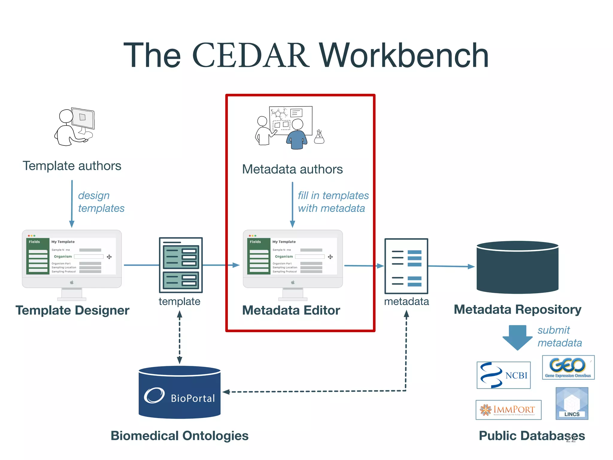 Template Designer Metadata Editor
Template authors Metadata authors
design
templates
Metadata Repository
template
ﬁll in templates
with metadata
metadata
Public Databases
LINCS
submit
metadata
Biomedical Ontologies
The CEDAR Workbench
22
 