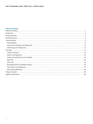 Intel® Cloud Builders Guide: SIVEO / eVA – e-VPlanet Admin

Table of Contents
Executive Summary. . . . . . . . . . . . . . . . . . . . . . . . . . . . . . . . . . . . . . . . . . . . . . . . . . . . . . . . . . . . . . . . . . . . . . . . . . . . . . . . . . . . . . . . . . . . . . . . . . . . . . . . . . . . .  3
Introduction . . . . . . . . . . . . . . . . . . . . . . . . . . . . . . . . . . . . . . . . . . . . . . . . . . . . . . . . . . . . . . . . . . . . . . . . . . . . . . . . . . . . . . . . . . . . . . . . . . . . . . . . . . . . . . . . . . . .  3
Product Overview . . . . . . . . . . . . . . . . . . . . . . . . . . . . . . . . . . . . . . . . . . . . . . . . . . . . . . . . . . . . . . . . . . . . . . . . . . . . . . . . . . . . . . . . . . . . . . . . . . . . . . . . . . . . . .  3
Test Bed Overview . . . . . . . . . . . . . . . . . . . . . . . . . . . . . . . . . . . . . . . . . . . . . . . . . . . . . . . . . . . . . . . . . . . . . . . . . . . . . . . . . . . . . . . . . . . . . . . . . . . . . . . . . . . . .  4
Technical Review . . . . . . . . . . . . . . . . . . . . . . . . . . . . . . . . . . . . . . . . . . . . . . . . . . . . . . . . . . . . . . . . . . . . . . . . . . . . . . . . . . . . . . . . . . . . . . . . . . . . . . . . . . . . . . .  6
	 eVA Installation. . . . . . . . . . . . . . . . . . . . . . . . . . . . . . . . . . . . . . . . . . . . . . . . . . . . . . . . . . . . . . . . . . . . . . . . . . . . . . . . . . . . . . . . . . . . . . . . . . . . . . . . . . . . . . .  6
	 Infrastructure Settings and Configuration . . . . . . . . . . . . . . . . . . . . . . . . . . . . . . . . . . . . . . . . . . . . . . . . . . . . . . . . . . . . . . . . . . . . . . . . . . . . . . . . . . . .  13
	 eVA Settings and Configuration . . . . . . . . . . . . . . . . . . . . . . . . . . . . . . . . . . . . . . . . . . . . . . . . . . . . . . . . . . . . . . . . . . . . . . . . . . . . . . . . . . . . . . . . . . . . . .  13
Use Cases. . . . . . . . . . . . . . . . . . . . . . . . . . . . . . . . . . . . . . . . . . . . . . . . . . . . . . . . . . . . . . . . . . . . . . . . . . . . . . . . . . . . . . . . . . . . . . . . . . . . . . . . . . . . . . . . . . . . . .  19
	 Create an eVA User. . . . . . . . . . . . . . . . . . . . . . . . . . . . . . . . . . . . . . . . . . . . . . . . . . . . . . . . . . . . . . . . . . . . . . . . . . . . . . . . . . . . . . . . . . . . . . . . . . . . . . . . . . 21
	 Log In to the Application. . . . . . . . . . . . . . . . . . . . . . . . . . . . . . . . . . . . . . . . . . . . . . . . . . . . . . . . . . . . . . . . . . . . . . . . . . . . . . . . . . . . . . . . . . . . . . . . . . . . . 24
	 Create a Virtual Machine from a Template. . . . . . . . . . . . . . . . . . . . . . . . . . . . . . . . . . . . . . . . . . . . . . . . . . . . . . . . . . . . . . . . . . . . . . . . . . . . . . . . . . . . . 26
	 Stop a VM . . . . . . . . . . . . . . . . . . . . . . . . . . . . . . . . . . . . . . . . . . . . . . . . . . . . . . . . . . . . . . . . . . . . . . . . . . . . . . . . . . . . . . . . . . . . . . . . . . . . . . . . . . . . . . . . . . . 36
	 Start a VM. . . . . . . . . . . . . . . . . . . . . . . . . . . . . . . . . . . . . . . . . . . . . . . . . . . . . . . . . . . . . . . . . . . . . . . . . . . . . . . . . . . . . . . . . . . . . . . . . . . . . . . . . . . . . . . . . . . 38
	 Reconfigure VM CPU and Memory Values. . . . . . . . . . . . . . . . . . . . . . . . . . . . . . . . . . . . . . . . . . . . . . . . . . . . . . . . . . . . . . . . . . . . . . . . . . . . . . . . . . . . . 39
	 View Infrastructure Reporting . . . . . . . . . . . . . . . . . . . . . . . . . . . . . . . . . . . . . . . . . . . . . . . . . . . . . . . . . . . . . . . . . . . . . . . . . . . . . . . . . . . . . . . . . . . . . . . 41
	 View Capacity Reporting. . . . . . . . . . . . . . . . . . . . . . . . . . . . . . . . . . . . . . . . . . . . . . . . . . . . . . . . . . . . . . . . . . . . . . . . . . . . . . . . . . . . . . . . . . . . . . . . . . . . . 44
Things to Consider. . . . . . . . . . . . . . . . . . . . . . . . . . . . . . . . . . . . . . . . . . . . . . . . . . . . . . . . . . . . . . . . . . . . . . . . . . . . . . . . . . . . . . . . . . . . . . . . . . . . . . . . . . . . . 48
Additional Information. . . . . . . . . . . . . . . . . . . . . . . . . . . . . . . . . . . . . . . . . . . . . . . . . . . . . . . . . . . . . . . . . . . . . . . . . . . . . . . . . . . . . . . . . . . . . . . . . . . . . . . . . . 48

2

 