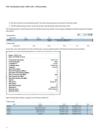 Intel® Cloud Builders Guide: SIVEO / eVA – e-VPlanet Admin

b. Click the Create the virtual machine button. The screen closes and you are returned to the main screen.
c. The VM creation process starts. To see this process, click the History tab on the main screen.
The “Running actions” section shows that the creation process has started. A percentage is displayed to indicate progress throughout
the process.

If you hover your mouse pointer over the running action, a pop-up window appears that lists the various input parameters.

When the operation finishes, it appears in the “Actions ended” list.

34

 
