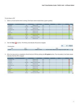 Intel® Cloud Builders Guide: SIVEO / eVA – e-VPlanet Admin

To shut down a VM:
1.	 Select a virtual machine that’s running. (The State column should show a green symbol.)

2.	 Click the Stop (

) button. The History tab indicates the process stopped.

3.	 After the stop action is completed, refresh the list of VMs by clicking the VM update button. The red symbol in the State column
indicates that the VM is stopped.

37

 