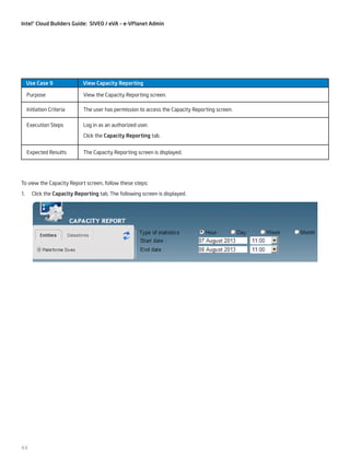 Intel® Cloud Builders Guide: SIVEO / eVA – e-VPlanet Admin

Use Case 9

View Capacity Reporting

Purpose

View the Capacity Reporting screen.

Initiation Criteria

The user has permission to access the Capacity Reporting screen.

Execution Steps

Log in as an authorized user.
Click the Capacity Reporting tab.

Expected Results

The Capacity Reporting screen is displayed.

To view the Capacity Report screen, follow these steps:
1.	 Click the Capacity Reporting tab. The following screen is displayed.

44

 