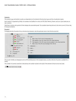 Intel® Cloud Builders Guide: SIVEO / eVA – e-VPlanet Admin

Statistics
The statistic type and statistic counter are dependent on the element infrastructure type and the virtualization engine.
Each statistic is organized by family. For example, the families for a host are CPU, Disk, Memory, Power, and so on. Each family has its
own counters.
Selecting a counter and a period of time displays the associated graph. The standard reporting interval is the most current 24-hour day
in hourly increments.
Counters
To display the list of counters for an infrastructure element, click the particular item in the infrastructure list.

The counter families are displayed, such as CPU and Datastore in the example above, as well as the list of counters available for a
family.
The number of counters selected is indicated by the number located to the right of the element infrastructure tree node.

46

 