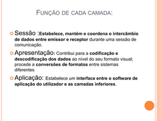 FUNÇÃO DE CADA CAMADA:
 Sessão :Estabelece, mantém e coordena o intercâmbio
de dados entre emissor e receptor durante uma sessão de
comunicação.
 Apresentação: Contribui para a codificação e
descodificação dos dados ao nível do seu formato visual;
procede a conversões de formatos entre sistemas
diferentes
 Aplicação: Estabelece um interface entre o software de
aplicação do utilizador e as camadas inferiores.
 