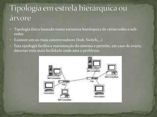 Tipologia física baseada numa estrutura hierárquica de várias redes e sub-redes.Existem um ou mais concentradores (hub. Switch,…)Esta tipologia facilita a manutenção do sistema e permite, em caso de avaria, detectar com mais facilidade onde esta o problema.Tipologia em estrela hierárquica ou árvore