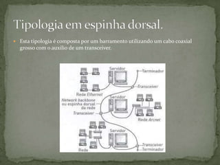 Esta tipologia é composta por um barramento utilizando um cabo coaxial grosso com o auxilio de um transceiver.Tipologia em espinha dorsal.