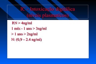 IC - Intoxicação digitálicaIC - Intoxicação digitálica
(níveis plasmaticos)(níveis plasmaticos)
RN > 4ng/mlRN > 4ng/ml
1 mês - 1 ano > 3ng/ml1 mês - 1 ano > 3ng/ml
> 1 ano > 2ng/ml> 1 ano > 2ng/ml
N: (0,9 – 2.4 ng/ml)N: (0,9 – 2.4 ng/ml)
 