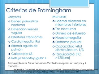 Criterios de Framingham
Mayores
 Disnea paroxística
nocturna
 Distención venosa
yugular
 Estertores crepitantes
 Cardiomegalia (Rx)
 Edema agudo de
pulmón
 Galope por S3
 Reflujo hepatoyugular +

Menores
 Edema bilateral en
miembros inferiores
 Tos nocturna
 Disnea de esfuerzo
 Hepatomegalia
 Derrame pleural
 Capacidad vital
disminuida en 1/3
 Taquicardia (FC
>120lpm)

Para establecer Dx se necesitan 2 criterios mayores o 1 mayor y 2
menores
McKee PA, Castelli WP, McNamara PM, Kannel WB. The natural history of congestive heart
failure: theFramingham study. N Engl J Med. 1971 Dec 23;285(26):1441-6.

 