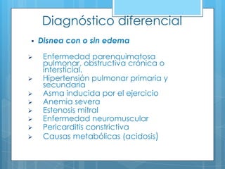 Diagnóstico diferencial












Disnea con o sin edema
Enfermedad parenquimatosa
pulmonar, obstructiva crónica o
intersticial.
Hipertensión pulmonar primaria y
secundaria
Asma inducida por el ejercicio
Anemia severa
Estenosis mitral
Enfermedad neuromuscular
Pericarditis constrictiva
Causas metabólicas (acidosis)

 