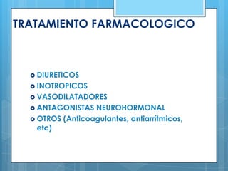 TRATAMIENTO FARMACOLOGICO

 DIURETICOS
 INOTROPICOS
 VASODILATADORES
 ANTAGONISTAS

NEUROHORMONAL
 OTROS (Anticoagulantes, antiarrítmicos,
etc)

 