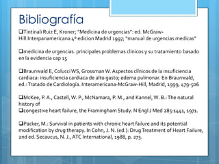 Bibliografía
Tintinali Ruiz E, Kroner; ”Medicina de urgencias”: ed. McGrawHill.Interpanamericana 4º edicion Madrid 1997; “manual de urgencias medicas”
medicina de urgencias. principales problemas clinicos y su tratamiento basado
en la evidencia cap 15
Braunwald E, Colucci WS, Grossman W. Aspectos clínicos de la insuficiencia
cardiaca: insuficiencia cardiaca de alto gasto; edema pulmonar. En Braunwald,
ed.: Tratado de Cardiología. Interamericana-McGraw-Hill, Madrid, 1999, 479-506
McKee, P. A., Castell, W. P., McNamara, P. M., and Kannel, W. B.: The natural
history of
congestive heart failure, the Framingham Study. N Engl J Med 285:1441, 1971.
Packer, M.: Survival in patients with chronic heart failure and its potential
modification by drug therapy. In Cohn, J. N. (ed.): Drug Treatment of Heart Failure,
2nd ed. Secaucus, N. J., ATC International, 1988, p. 273.

 