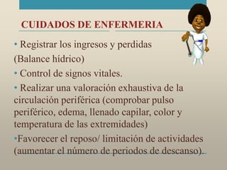 CUIDADOS DE ENFERMERIA
• Registrar los ingresos y perdidas
(Balance hídrico)
• Control de signos vitales.
• Realizar una valoración exhaustiva de la
circulación periférica (comprobar pulso
periférico, edema, llenado capilar, color y
temperatura de las extremidades)
•Favorecer el reposo/ limitación de actividades
(aumentar el número de periodos de descanso).
 