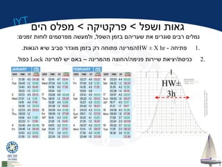 IYT גאות ושפל > פרקטיקה > מפלס הים 
נמלים רבים סוגרים את שעריהם בזמן השפל, ולמעשה מפרסמים לוחות זמנים: 
המרינה פתוחה רק בזמן מוגדר סביב שיא הגאות. HW ± X hr - 1 פתיחה . 
כפול. Lock 2 כניסת/יציאת שיירות פנימה/החוצה מהמרינה – באם יש למרינה . 
HW± 
3h 
 