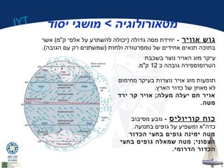 IYT 
מטאורולוגיה > מושגי יסוד 
גוש אוויר - יחידת מסה גדולה (יכולה להשתרע על אלפי ק"מ) אשר 
בתוכה תנאים אחידים של טמפרטורה ולחות (שמשתנים רק עם הגובה). 
עיקר מזג האויר נוצר בשכבת 
הטרופוספירה גובהה כ 12 ק"מ. 
תופעות מזג אויר נוצרות בעיקר מחימום 
לא מאוזן של כדור הארץ. 
אויר חם יעלה מעלה; אויר קר ירד 
מטה. 
כוח קוריוליס - נובע מסיבוב 
כדה"א ומשפיע על גופים בתנועה. 
מטה ימינה גופים בחצי הכדור 
הצפוני; מטה שמאלה גופים בחצי 
הכדור הדרומי. 
 