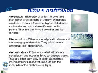 IYT 
•Altostratus - Blue-gray or whitish in color and 
often cover large portions of the sky. Altostratus 
clouds are thinner if formed at higher altitudes but 
are heavier and more dense if closer to the 
ground. They too are formed by water and ice 
particles. 
•Altocumulus - Often oval or eliptical in shape and 
can have gray undersides. They often have a 
“cottonball-like” appearance. 
•Nimbostratus - Often associated with steady 
precipitation and occur in thick, continuous layers. 
They are often dark gray in color. Sometimes, 
broken smaller nimbostratus clouds line the 
underside of the nimbostratus layer. 
מטאורולוגיה > עננות 
 