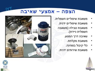 IYT 
הצפה – אמצעי שאיבה 
• משאבת שיפוליים חשמלית. 
• משאבת שיפוליים ידנית. 
• משאבת טבילה (משאבה 
חשמלית ניידת). 
• שאיבה דרך המנוע. 
• משאבת מקלחת. 
• כלי קיבול בספינה. 
• משאבת שירותים ידנית. 
 