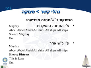 IYT 
ננההלליי קקששרר >> ממצצווקקהה 
השתקת כ"ש/תחנה מפריעה: 
• ע"י התחנה המפקחת: 
Mayday 
Abdel Abdel AbdelAll ships All ships All ships 
Silence Mayday 
Out 
• ע"י כ"ש אחר: 
Mayday 
Abdel Abdel AbdelAll ships All ships All ships 
Silence Distress 
This is Lora 
Out 
 