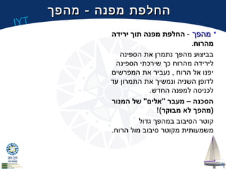 IYT החלפת מפנה - מהפך 
• ממההפפךך - ההחחללפפתת ממפפננהה תתווךך יירריידדהה 
ממההררווחח. 
בביצוע מהפך נתמרן את הספינה 
לירידה מהרוח כך שירכתי הספינה 
יפנו אל הרוח , נעביר את המפרשים 
לדופן השניה ונמשיך את התמרון עד 
לכניסה למפנה החדש. 
הסכנה – מעבר "אלים" של המנור 
(מהפך לא מבוקר)! 
קוטר הסיבוב במהפך גדול 
משמעותית מקוטר סיבוב מול הרוח. 
9 
 