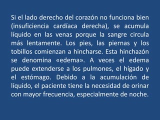 Si el lado derecho del corazón no funciona bien
(insuficiencia cardíaca derecha), se acumula
líquido en las venas porque la sangre circula
más lentamente. Los pies, las piernas y los
tobillos comienzan a hincharse. Esta hinchazón
se denomina «edema». A veces el edema
puede extenderse a los pulmones, el hígado y
el estómago. Debido a la acumulación de
líquido, el paciente tiene la necesidad de orinar
con mayor frecuencia, especialmente de noche.
 