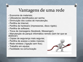 Vantagens de uma rede
- Economia de materiais;
- Utilizadores identificados por senha;
- Diminuição dos custos de manutenção;
- Partilha de Internet;
- Partilha de hardware (impressoras, disco rígido);
- Partilha de software;
- Troca de mensagens (facebook, Messenger);
- Manutenção do parque informático remoto (sem ter que se
deslocar);
- Cópias de segurança mais seguras;
- Partilha de acesso a redes maiores;
- Rede wireless ( ligação sem fios);
- Trabalho em equipa;
- Facilidade na comunicação
 
