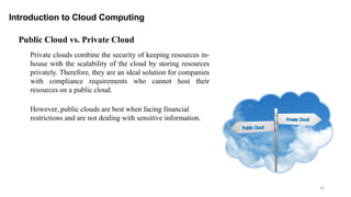 32
Introduction to Cloud Computing
Private clouds combine the security of keeping resources in-
house with the scalability of the cloud by storing resources
privately. Therefore, they are an ideal solution for companies
with compliance requirements who cannot host their
resources on a public cloud.
However, public clouds are best when facing financial
restrictions and are not dealing with sensitive information.
Public Cloud vs. Private Cloud
 