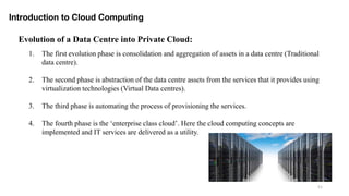 51
Introduction to Cloud Computing
Evolution of a Data Centre into Private Cloud:
1. The first evolution phase is consolidation and aggregation of assets in a data centre (Traditional
data centre).
2. The second phase is abstraction of the data centre assets from the services that it provides using
virtualization technologies (Virtual Data centres).
3. The third phase is automating the process of provisioning the services.
4. The fourth phase is the ‘enterprise class cloud’. Here the cloud computing concepts are
implemented and IT services are delivered as a utility.
 