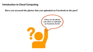 6
Introduction to Cloud Computing
Have you accessed the photos that you uploaded on Facebook in the past?
Where are the photos
and videos we uploaded
on Facebook stored?
 
