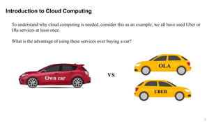 9
Introduction to Cloud Computing
To understand why cloud computing is needed, consider this as an example; we all have used Uber or
Ola services at least once.
What is the advantage of using these services over buying a car?
Own car
OLA
UBER
VS.
 