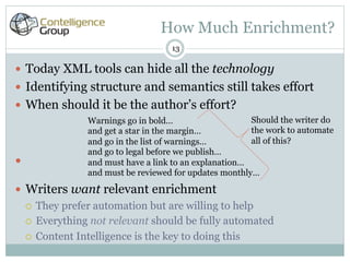How Much Enrichment?
                                    13

—  Today XML tools can hide all the technology
—  Identifying structure and semantics still takes effort
—  When should it be the author’s effort?
                Warnings go in bold…                    Should the writer do
                and get a star in the margin…           the work to automate
                and go in the list of warnings…         all of this?
                and go to legal before we publish…
—              and must have a link to an explanation…
                and must be reviewed for updates monthly…

—  Writers want relevant enrichment
    ¡  They prefer automation but are willing to help

    ¡  Everything not relevant should be fully automated

    ¡  Content Intelligence is the key to doing this
 
