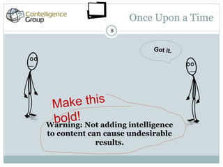 Once Upon a Time
                8


                           Got it.




 M ake this
 bold! Not adding intelligence
Warning:
to content can cause undesirable
             results.
 