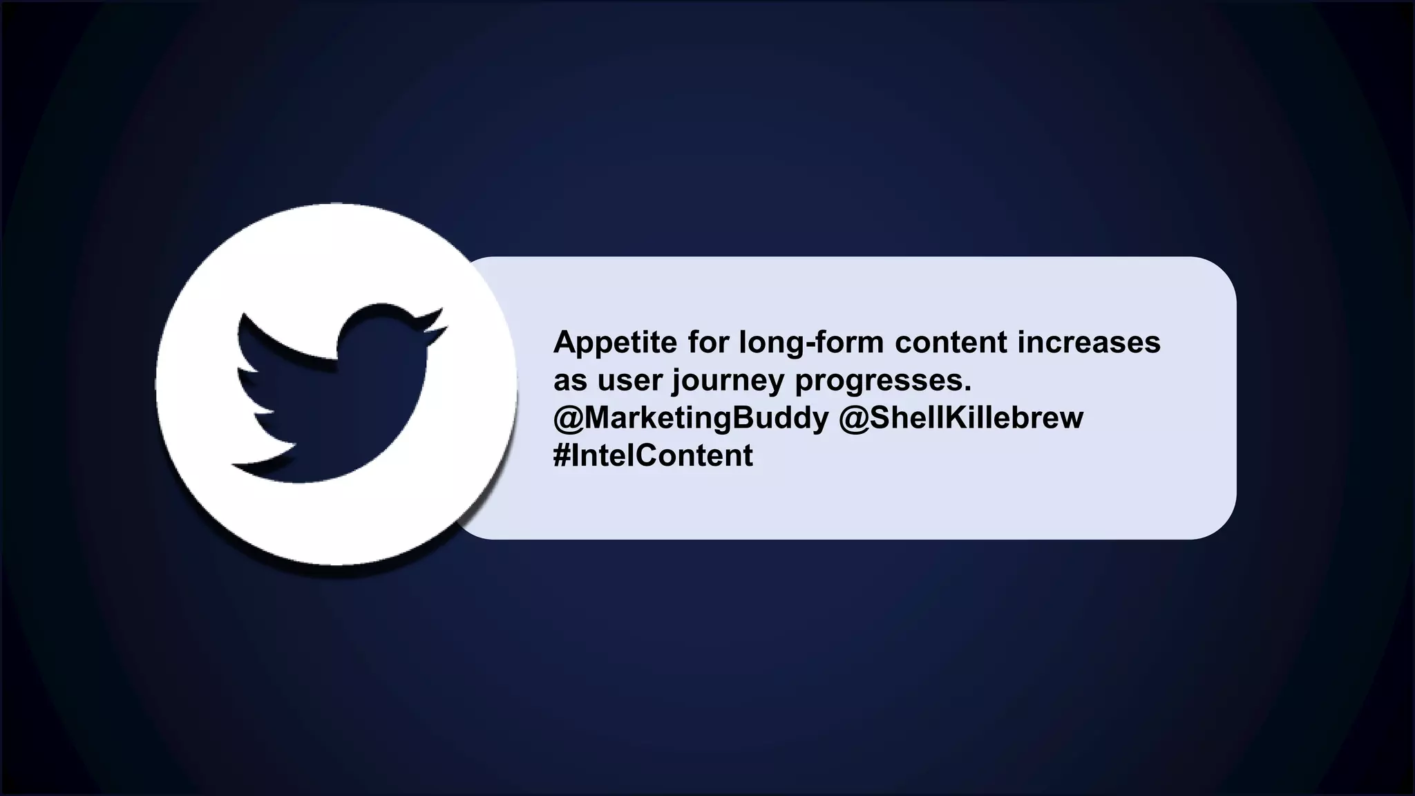 Appetite for long-form content increases
as user journey progresses.
@MarketingBuddy @ShellKillebrew
#IntelContent
 